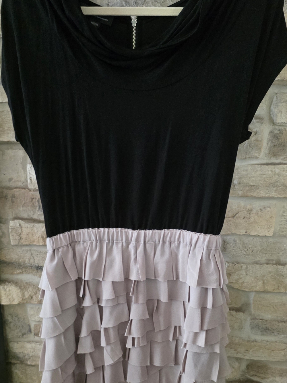 INC International Concepts Black Top with Light Grey Tiered Ruffle Skirt